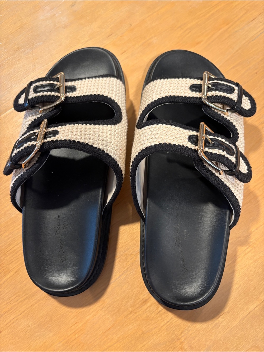 Universal Thread ~ Two-Buckle Crochet Woven Slide Sandals Cream and Black